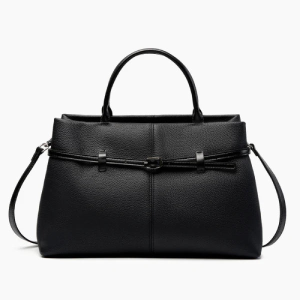 Front view of a black genuine leather tote bag with elegant buckle detailing, perfect for both work and casual settings