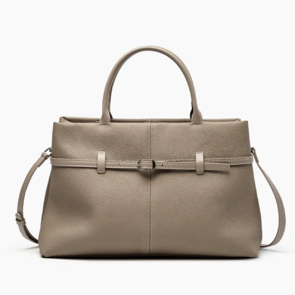 Front view of a khaki genuine leather tote bag featuring a simple yet sophisticated design with a central buckle accent