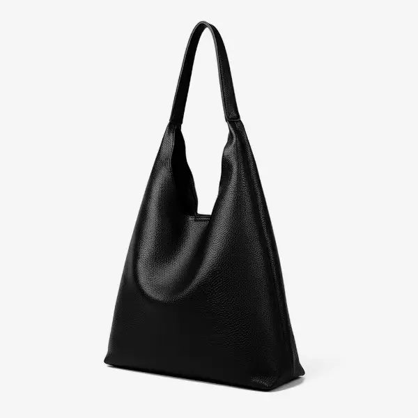 Front view of Elaria vegan leather hobo bag in black with minimalist design and soft, slouchy shape