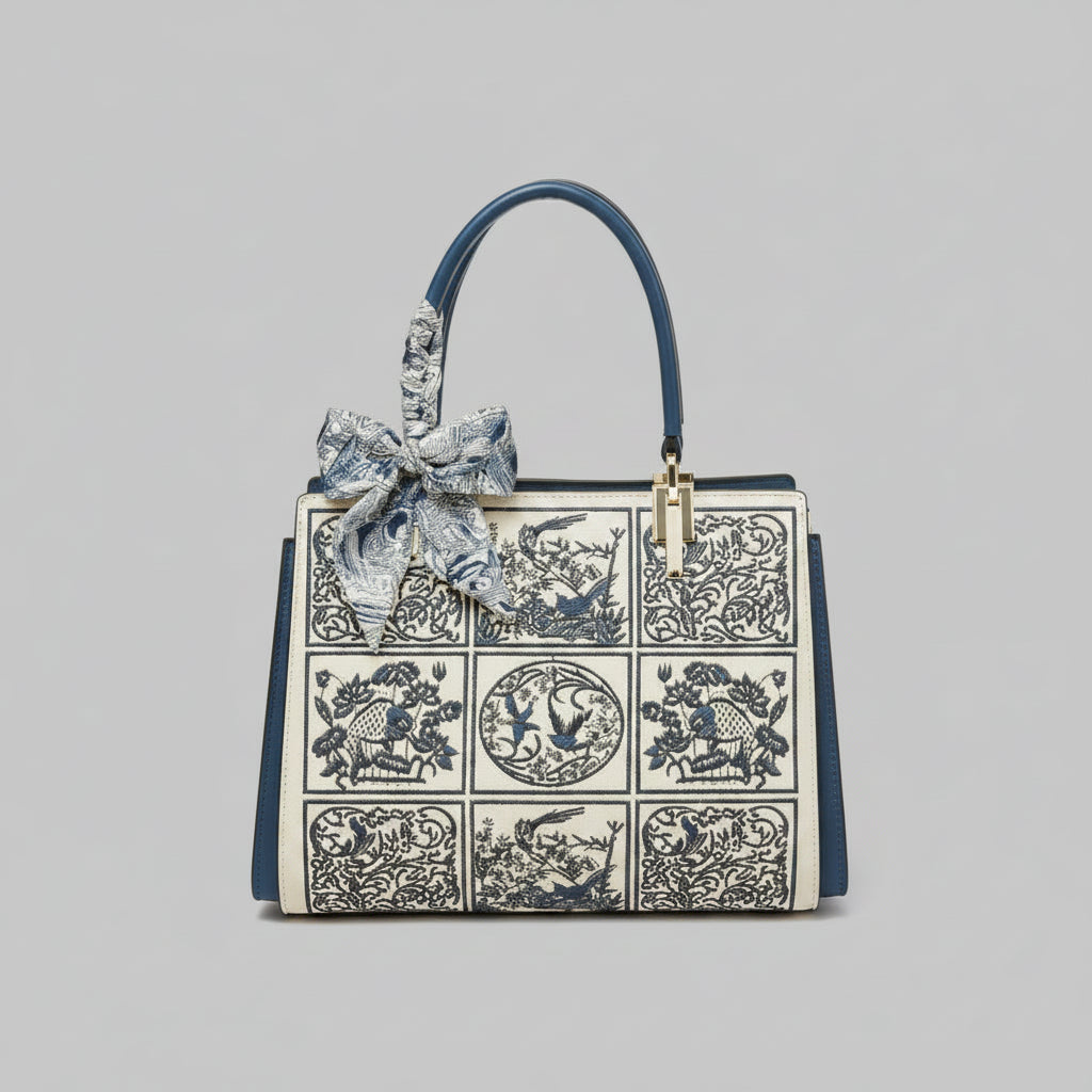 Front view of the Elisandra embroidered tote bag showcasing an intricate floral embroidery design with a stylish blue bow on the handle