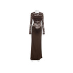 Eve&Co. brown long sleeve lace dress with ruched detail and high waist. Polyester fiber.
