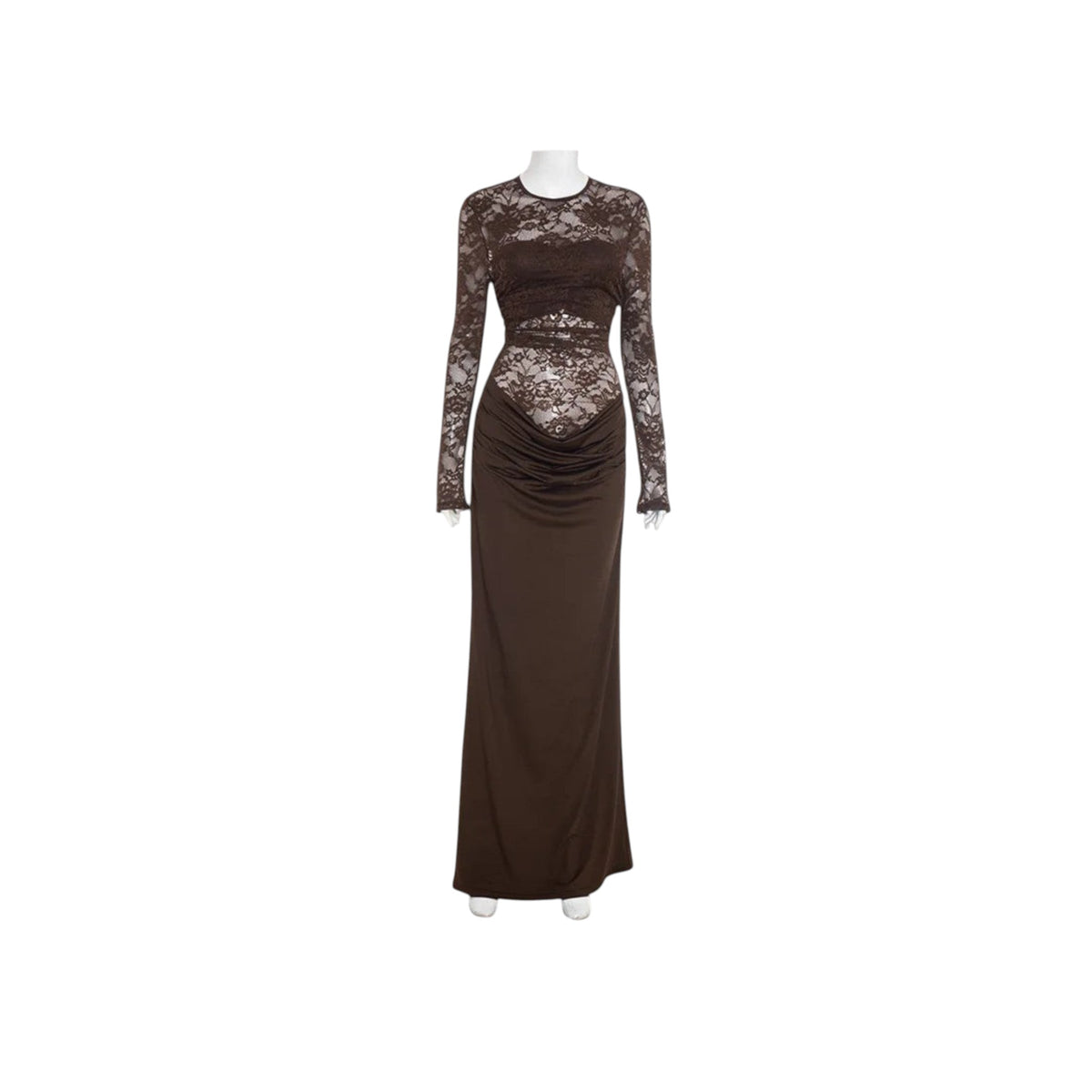 Eve&Co. brown long sleeve lace dress with ruched detail and high waist. Polyester fiber.