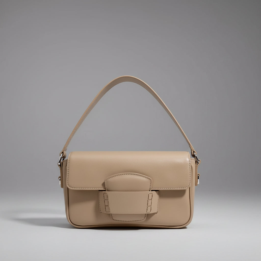 Faelina genuine cowhide shoulder bag in apricot front view with minimalistic buckle design and smooth leather finish