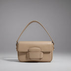 Faelina genuine cowhide shoulder bag in apricot front view with minimalistic buckle design and smooth leather finish
