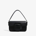 Faelina genuine cowhide shoulder bag in black front view with a minimalistic design and distinctive buckle feature