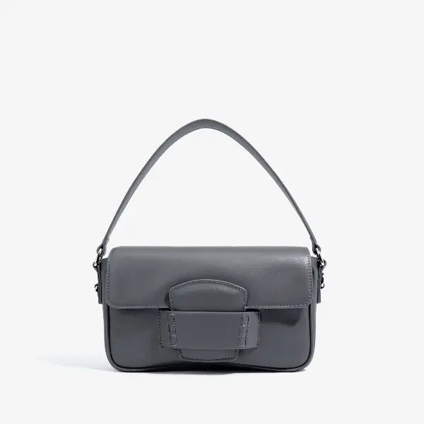Faelina genuine cowhide shoulder bag in gray front view featuring a minimalist design with a stylish buckle