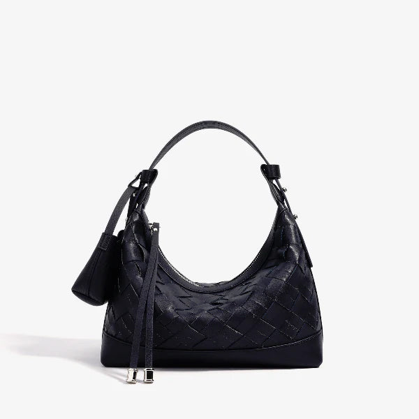 Front view of Ismara genuine leather woven hobo bag in black, with a modern design and woven leather detail