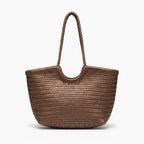 Front view of a coffee woven leather tote bag with dual beige drawstrings