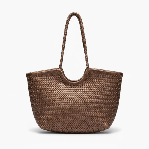 Front view of a coffee woven leather tote bag with dual beige drawstrings
