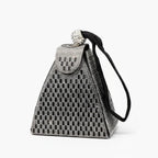 Liora Handmade Crystal Acrylic Evening Bag in black, front studio view showcasing geometric pyramid shape with allover crystals and wrist strap