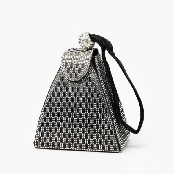 Liora Handmade Crystal Acrylic Evening Bag in black, front studio view showcasing geometric pyramid shape with allover crystals and wrist strap