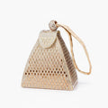 Liora Handmade Crystal Acrylic Evening Bag in gold, front studio view showcasing pyramid silhouette with allover crystals and wrist strap