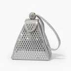 Liora Handmade Crystal Acrylic Evening Bag in silver, front studio view showcasing pyramid silhouette with allover crystals and wrist strap