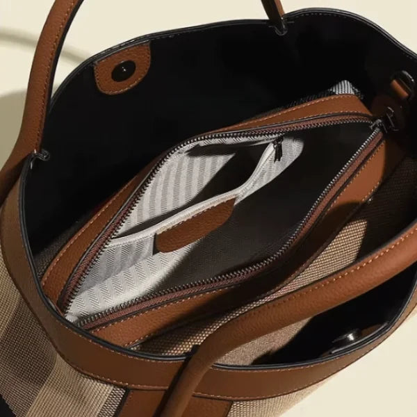 Plaid Genuine Leather Large Tote Bag