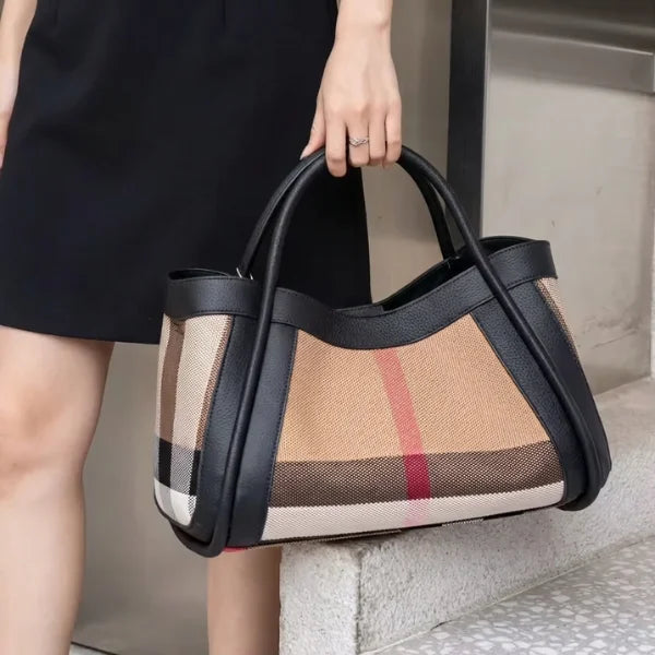 Plaid Genuine Leather Large Tote Bag