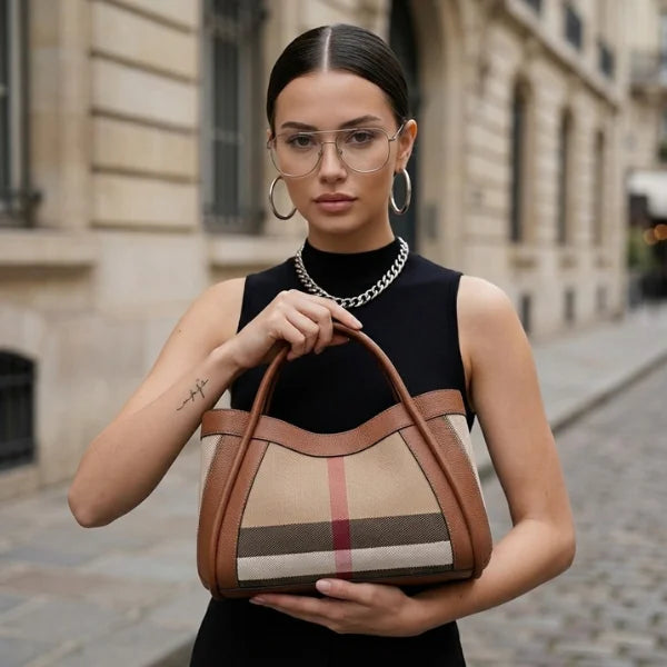 Plaid Genuine Leather Large Tote Bag