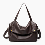 Front view of the Lunara genuine leather shoulder bag in brown with a minimalist design and gold hardware
