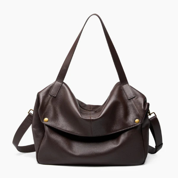 Front view of the Lunara genuine leather shoulder bag in brown with a minimalist design and gold hardware