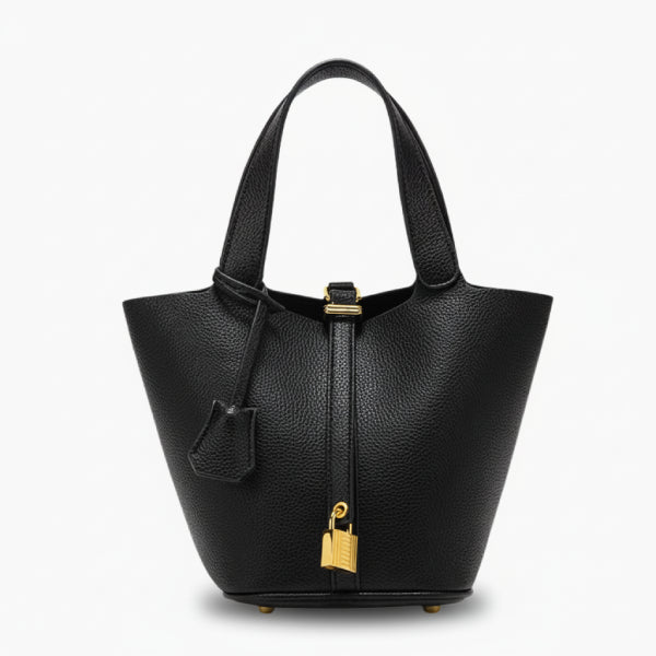 Lunelia Vegan Leather Bucket Bag in black, front studio view showcasing tapered bucket silhouette with padlock charm and base feet