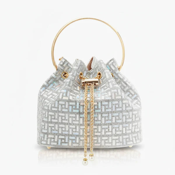 Lyanna Metallic Embellished Bucket Bag in silver, front studio view showcasing round top handle and sparkling geometric pattern