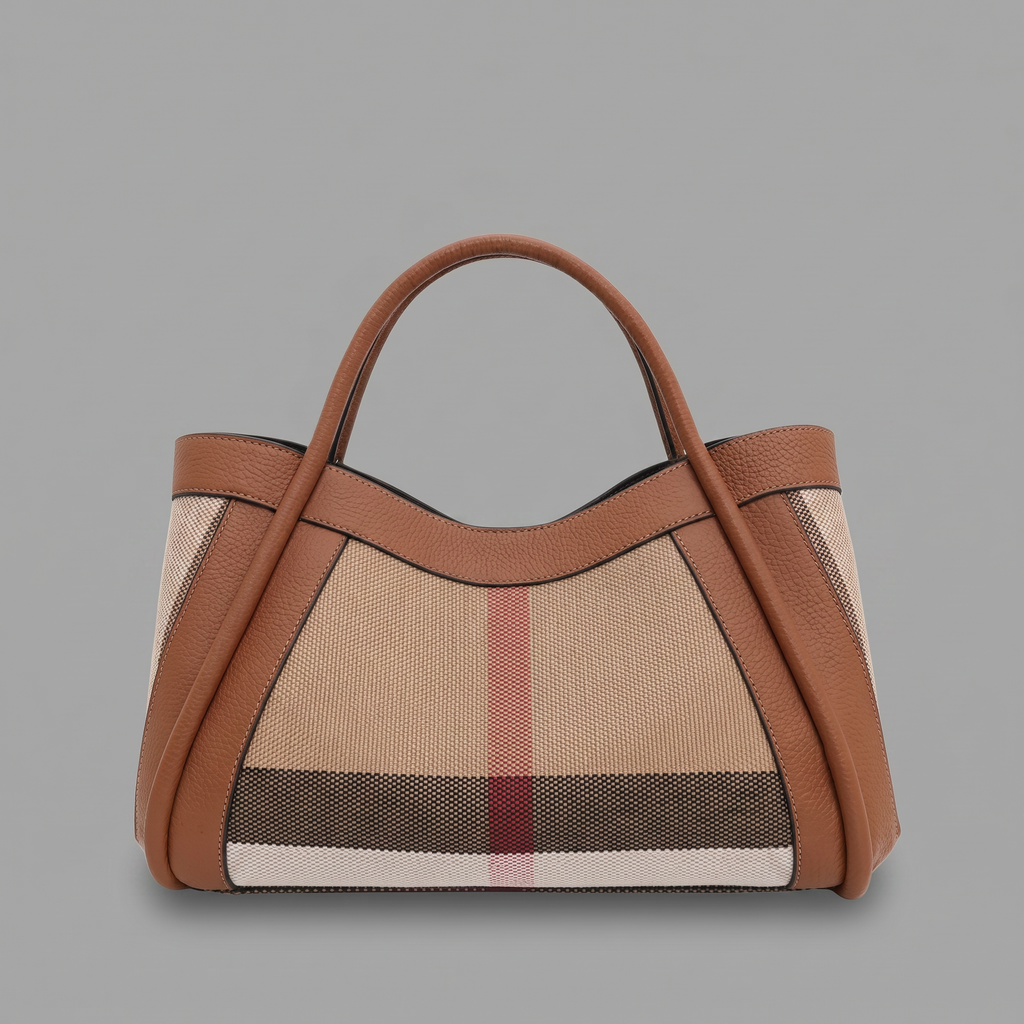 Plaid Genuine Leather Large Tote Bag