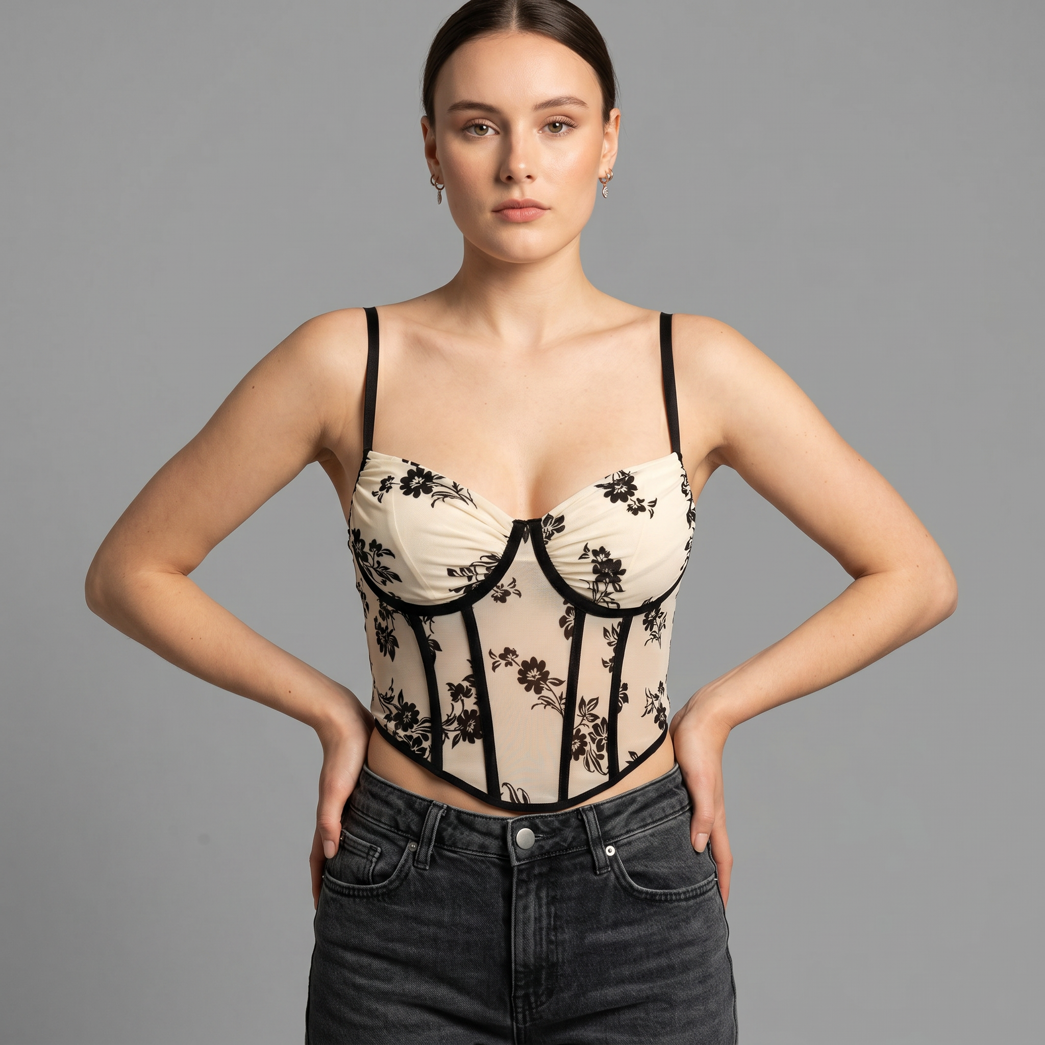 Deep V Corset Boned Velvet Floral Cami Top