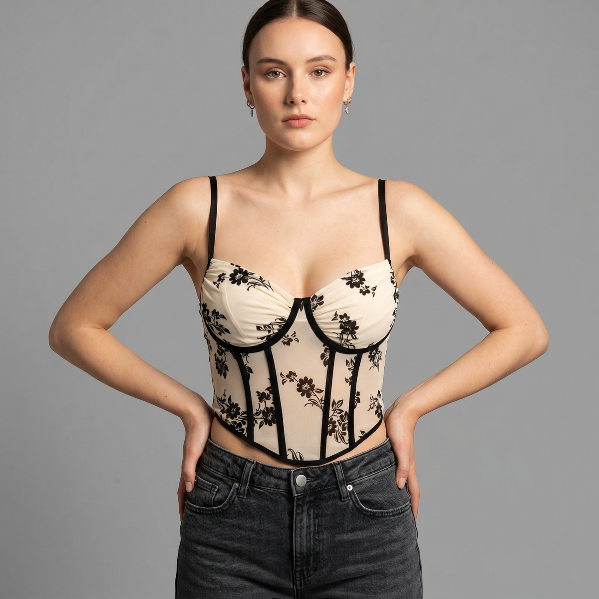 Deep V Corset Boned Velvet Floral Cami Top
