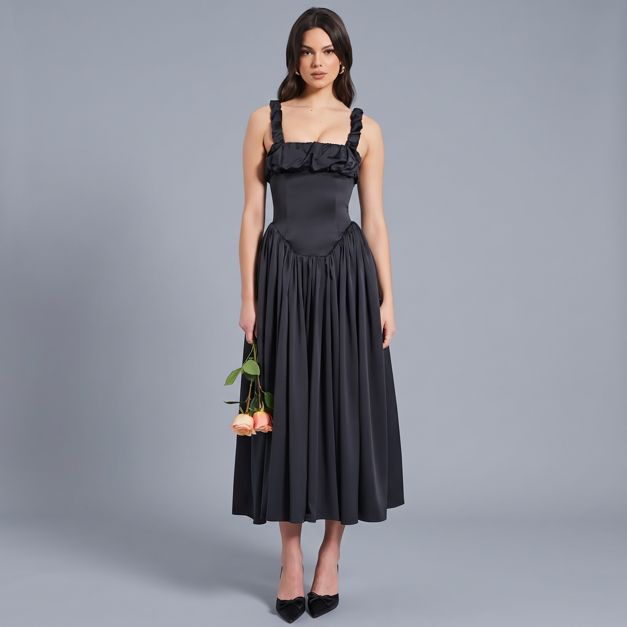 Lace Square Neck A-Line Ankle-Length Dress