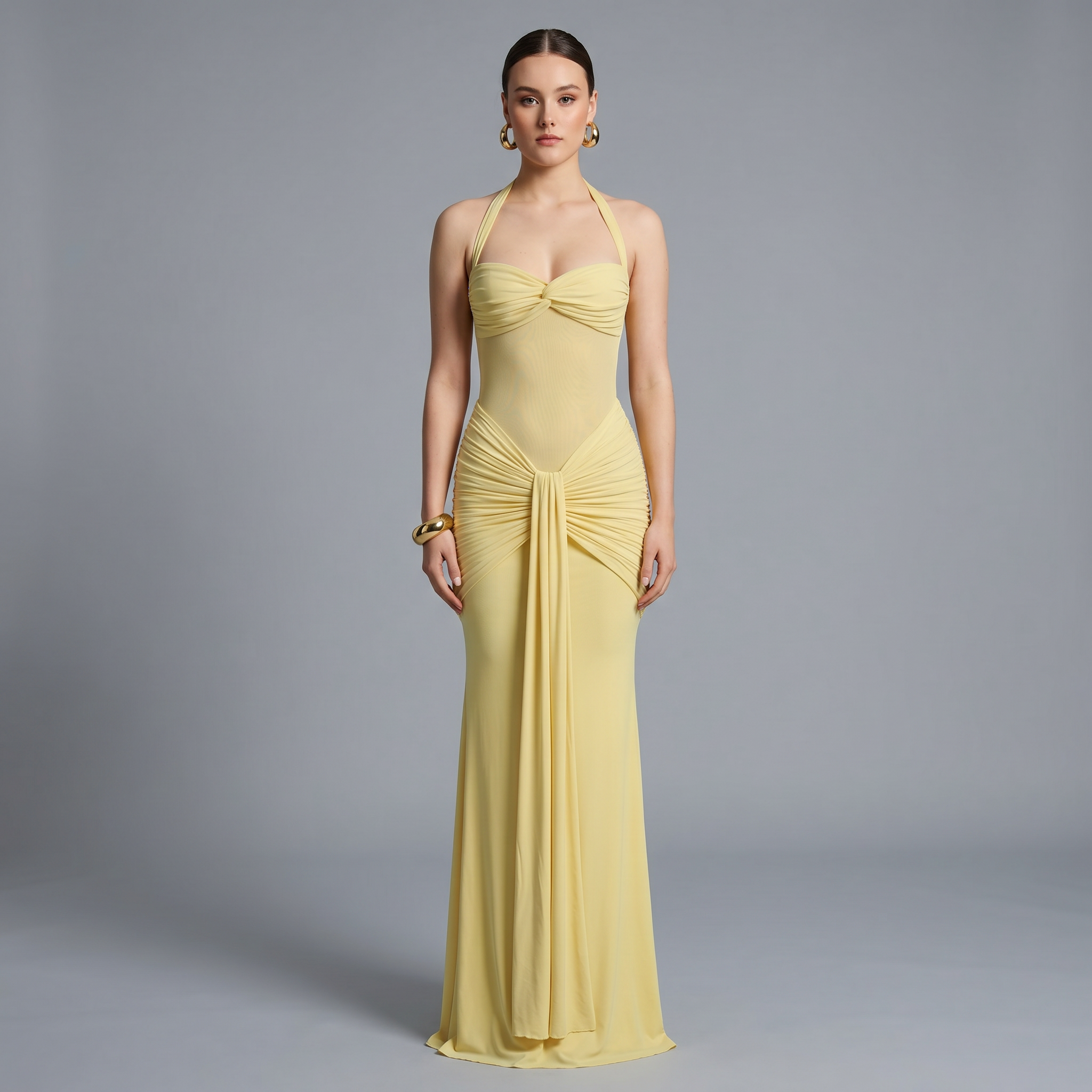 Solid Halter Bodycon Ankle-Length Dress