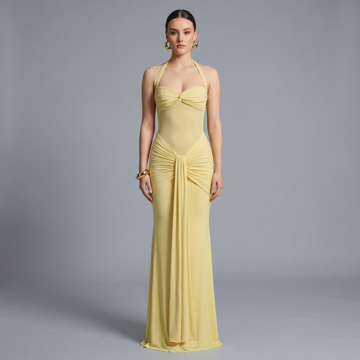 Solid Halter Bodycon Ankle-Length Dress
