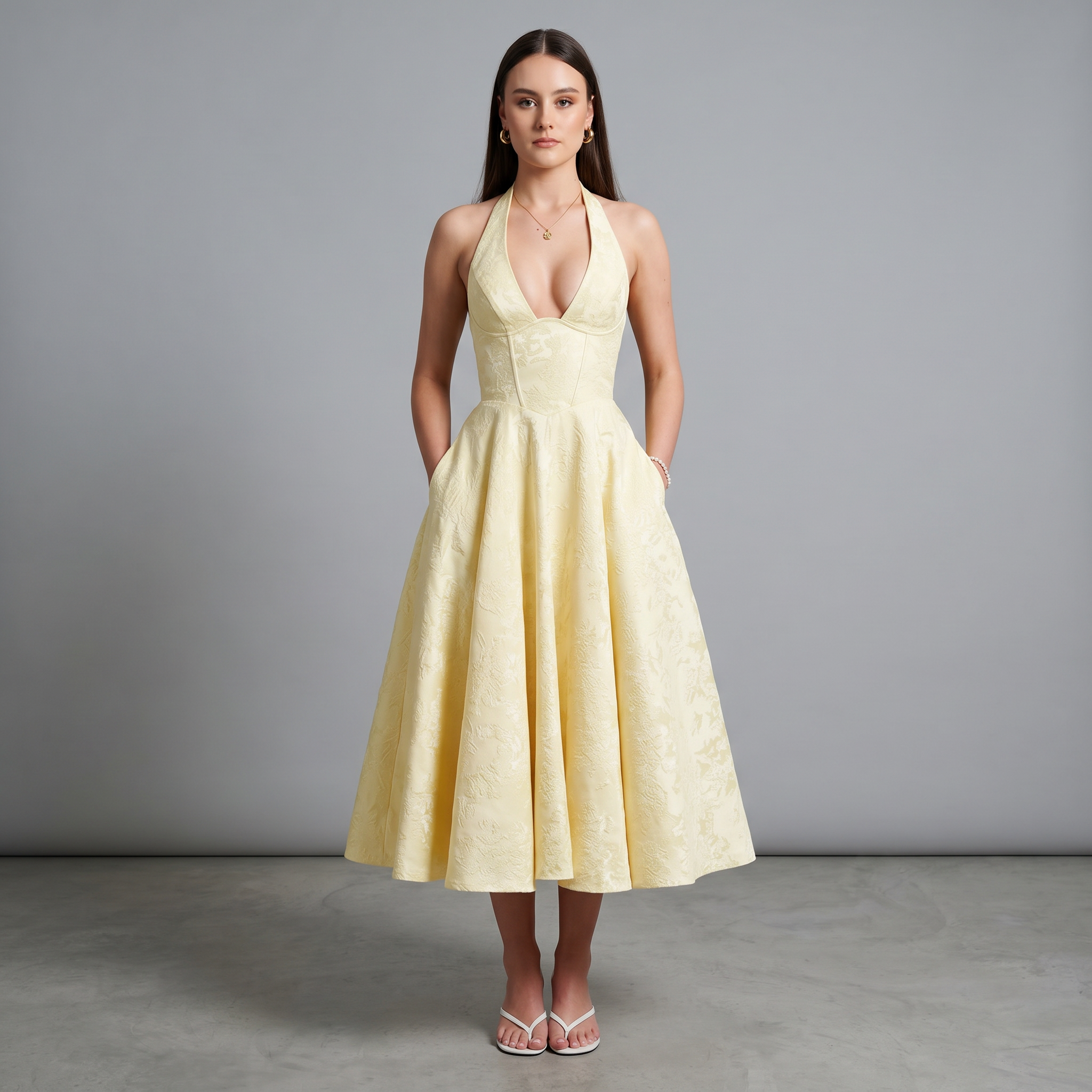 V-Neck A-Line Midi Dress