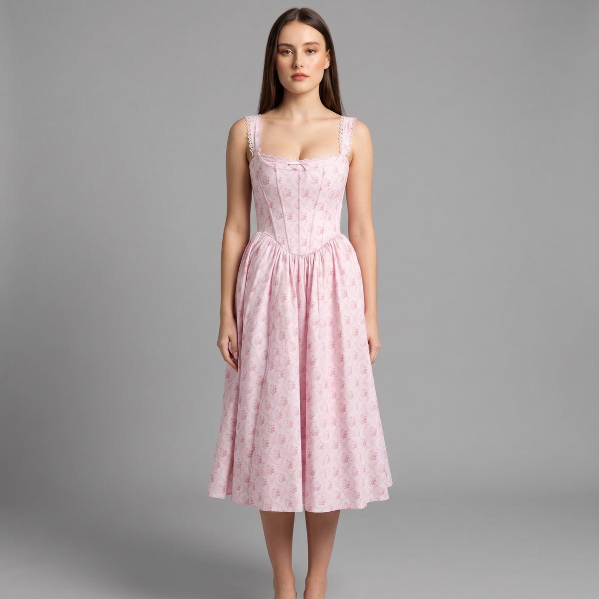 Printed Spaghetti Strap A-Line Midi Dress