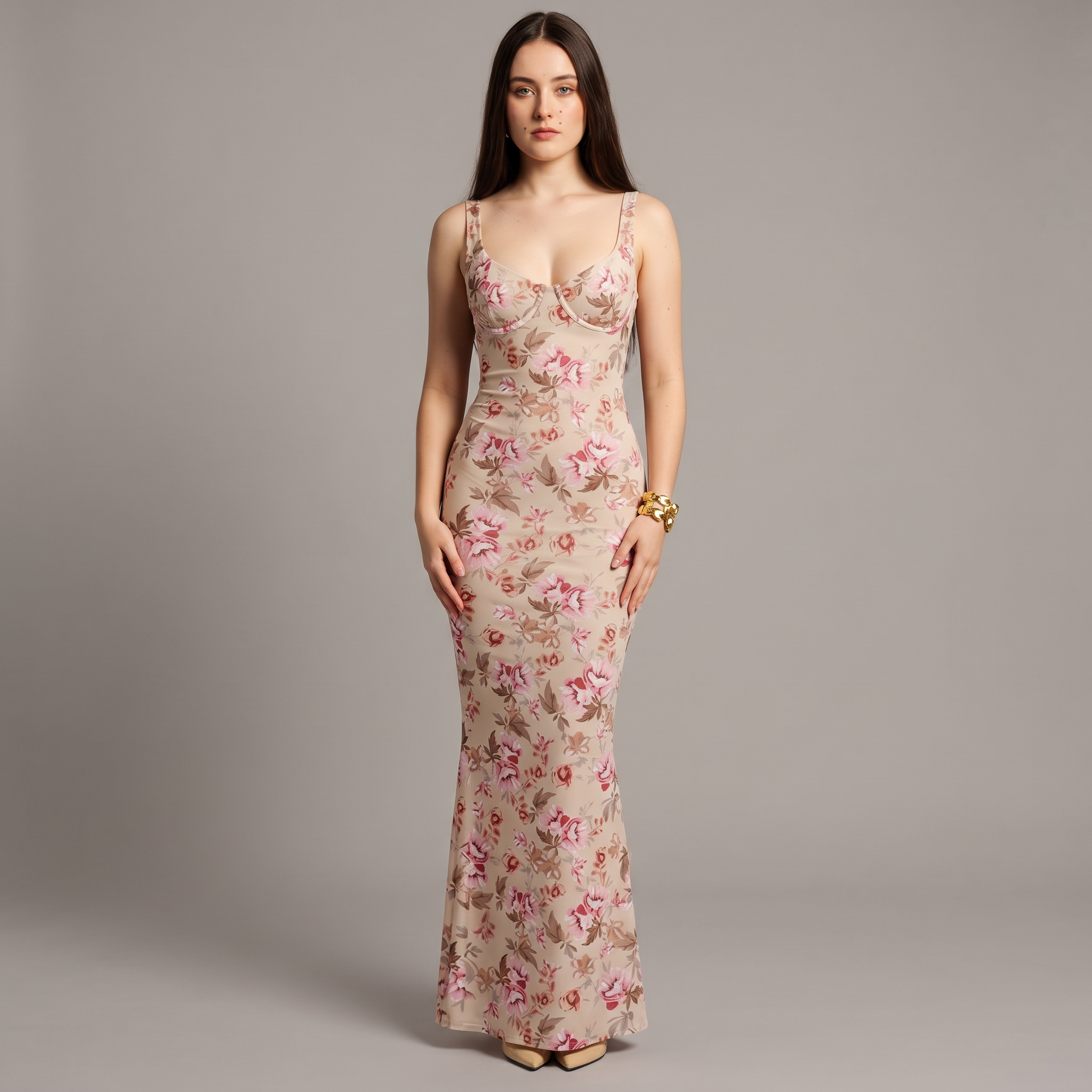 Printed V-Neck Sheath Ankle-Length Dress