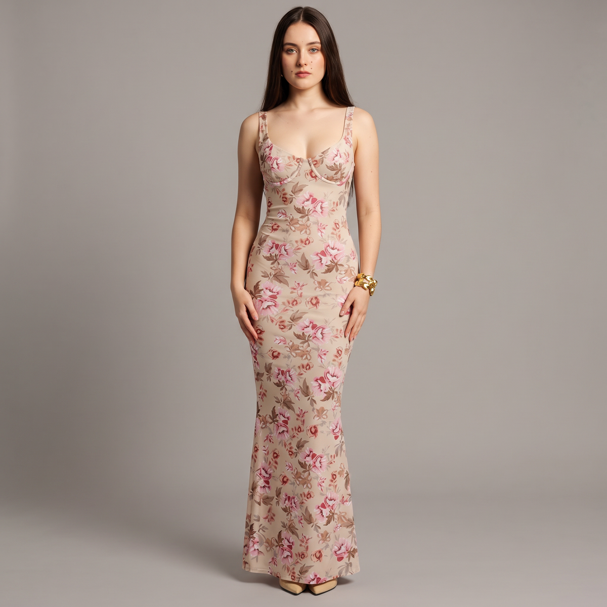 Printed V-Neck Sheath Ankle-Length Dress