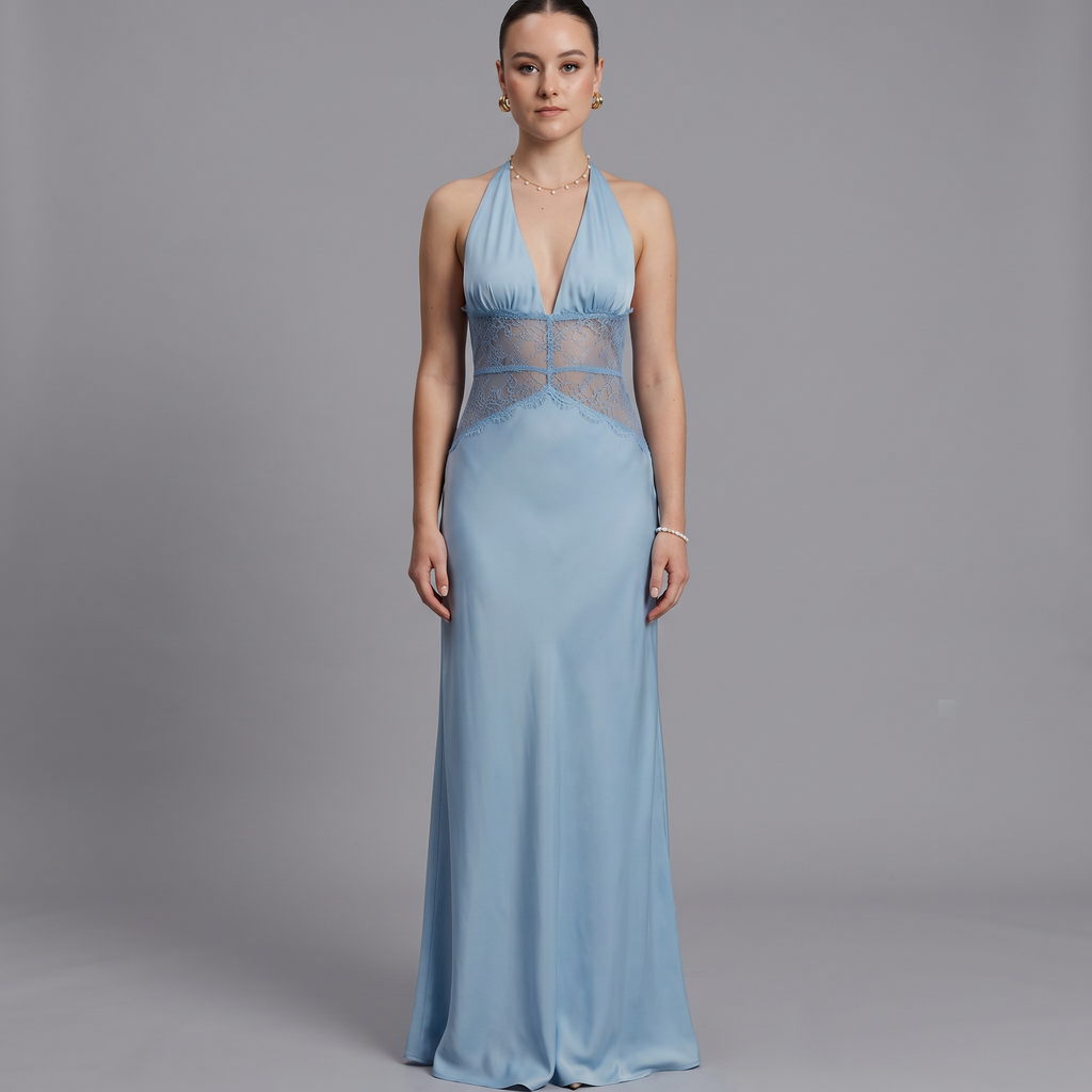 Solid V-Neck Sheath Floor-Length Dress