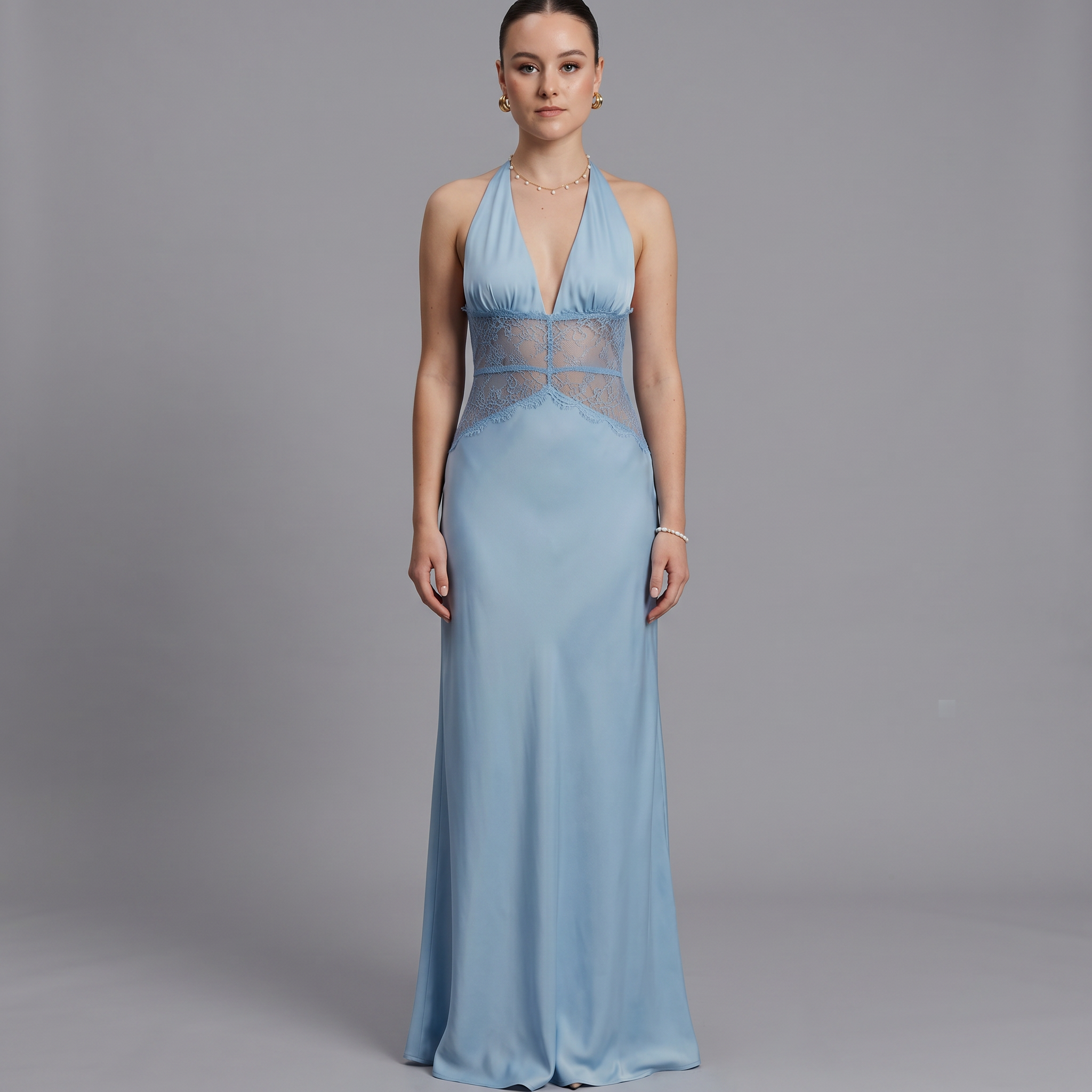 Solid V-Neck Sheath Floor-Length Dress