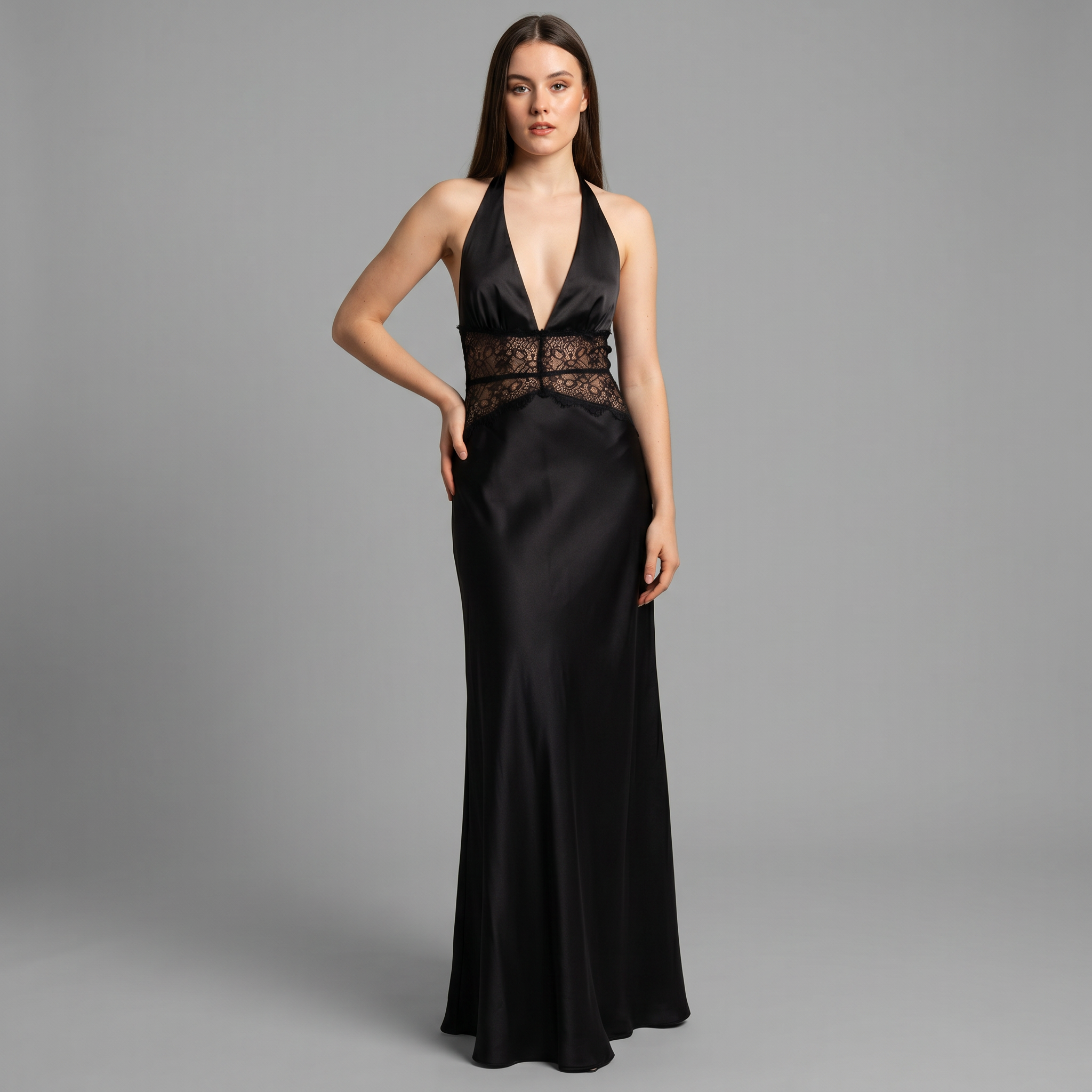 Solid V-Neck Sheath Floor-Length Dress