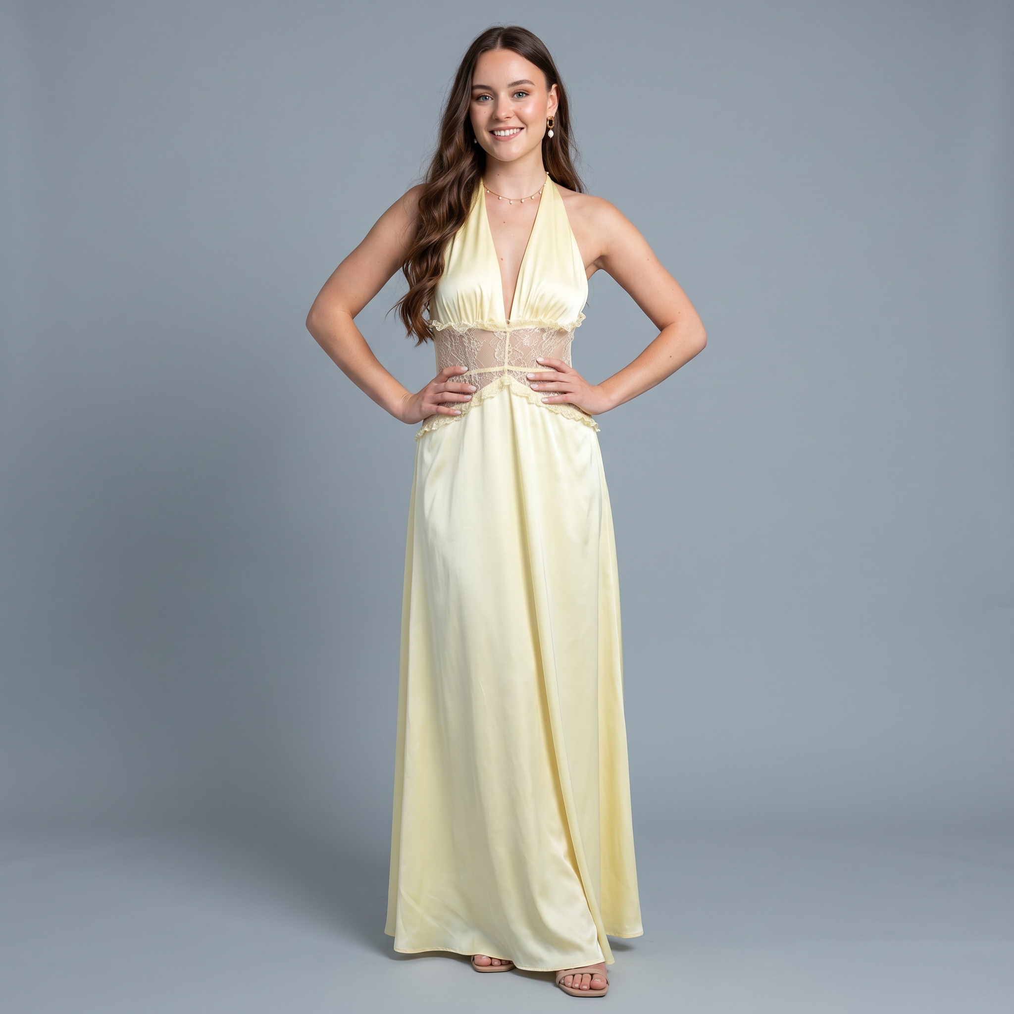 Solid V-Neck Sheath Floor-Length Dress
