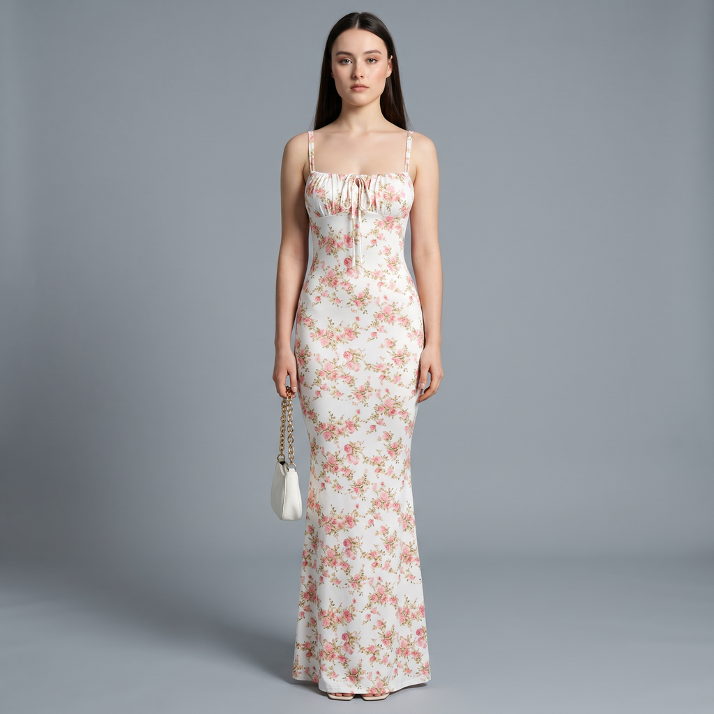 Floral Square Neck A-Line Floor-Length Dress