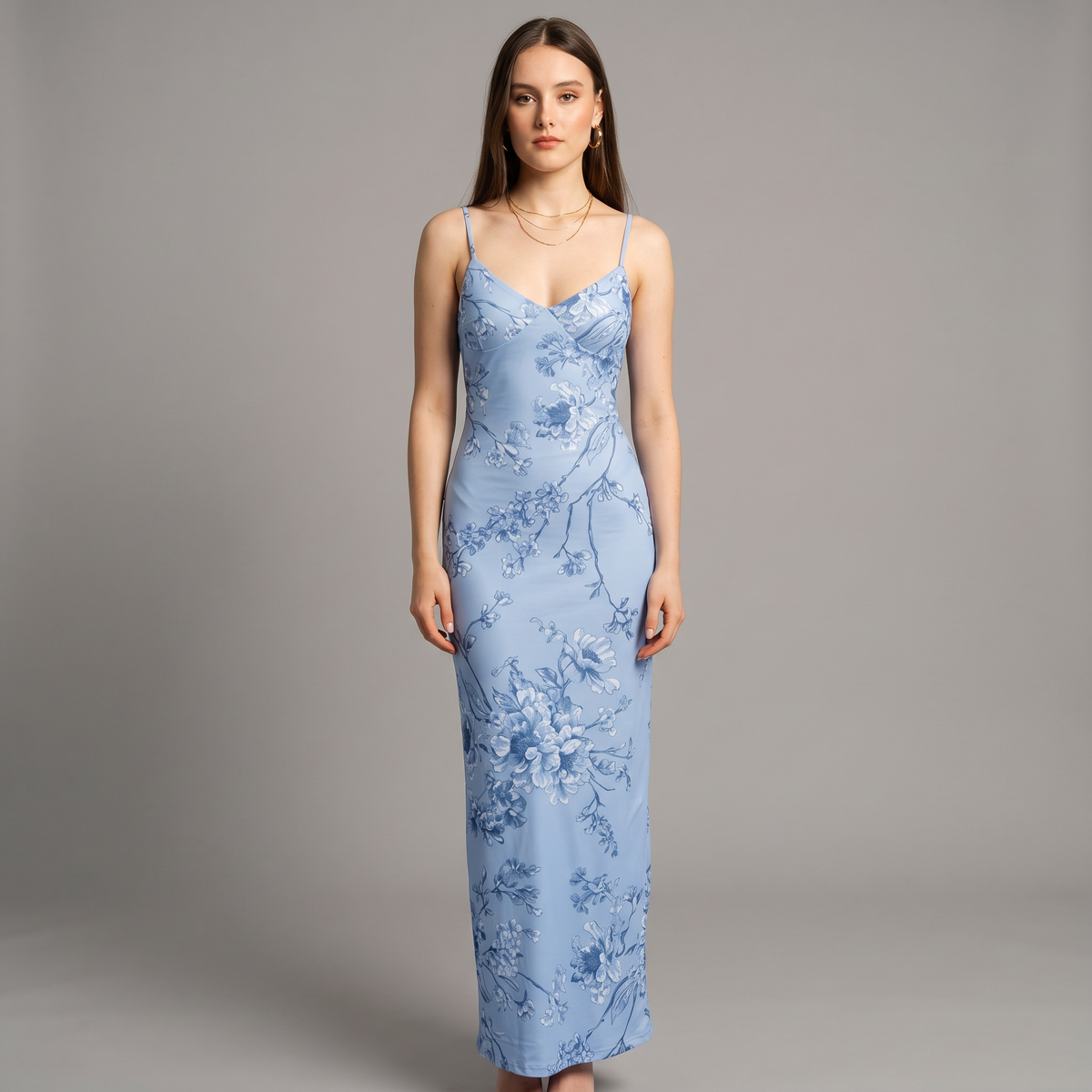 Printed V-Neck Sheath Floor-Length Dress