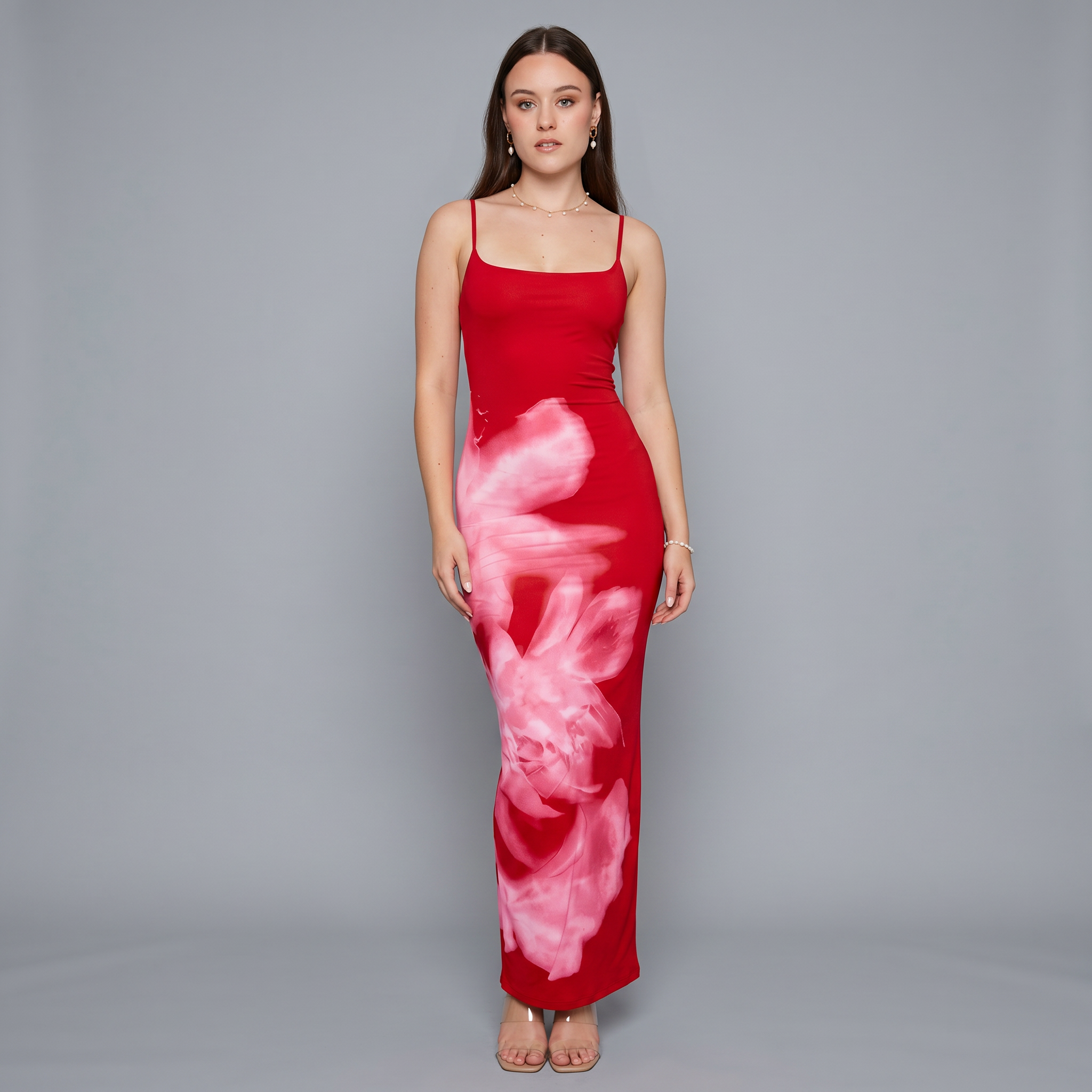 Printed Spaghetti Strap Column Ankle-Length Dress