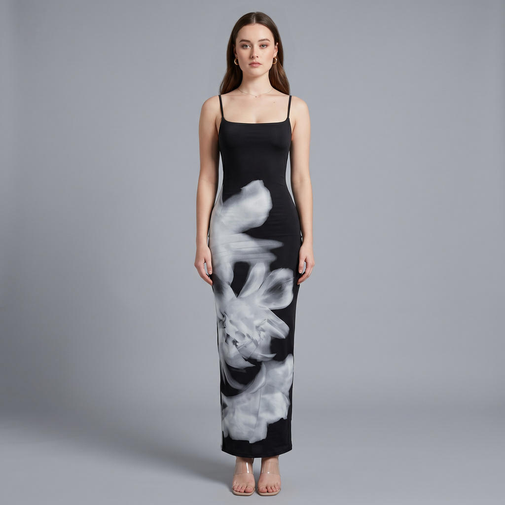 Printed Spaghetti Strap Column Ankle-Length Dress