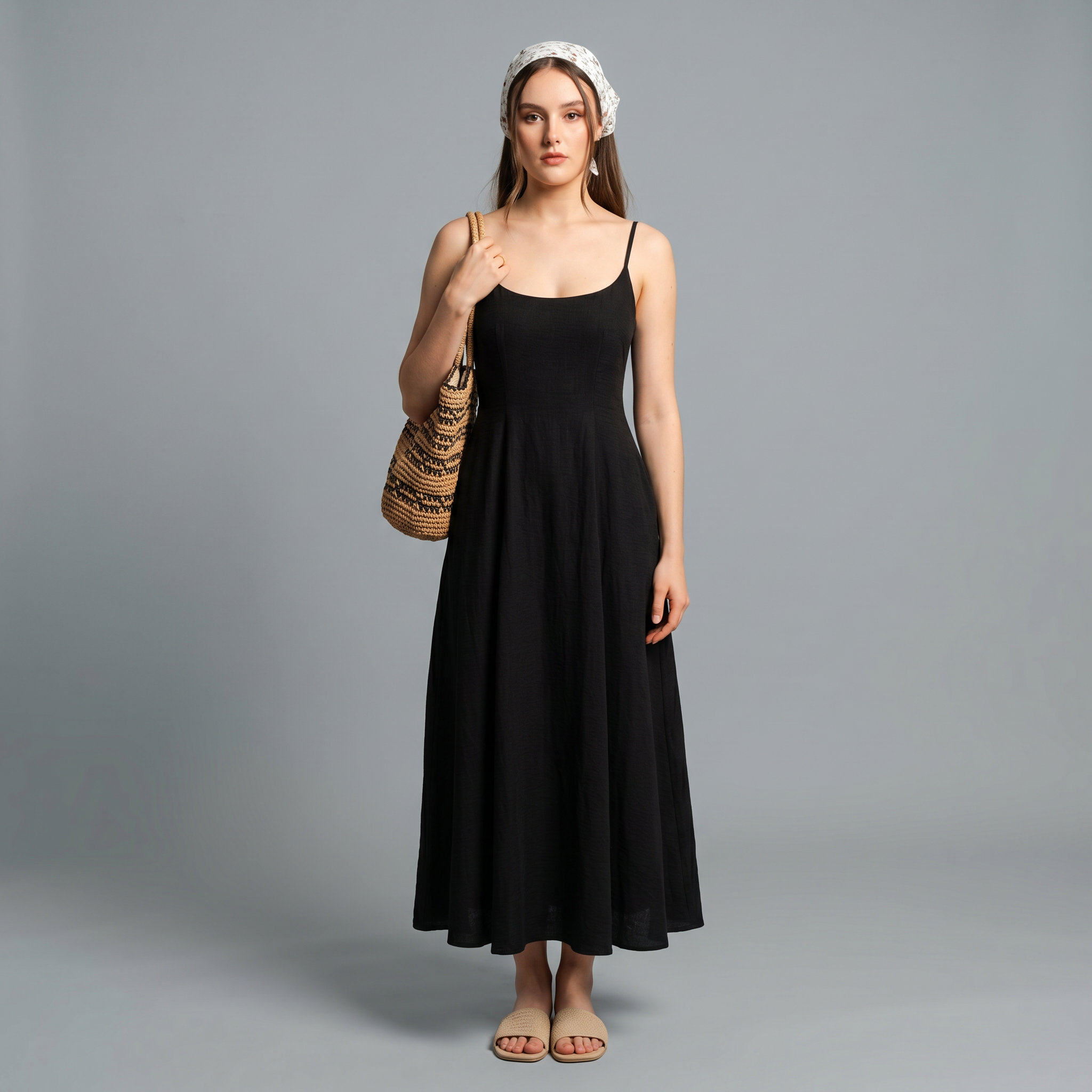 Solid Spaghetti Strap A-Line Midi Dress