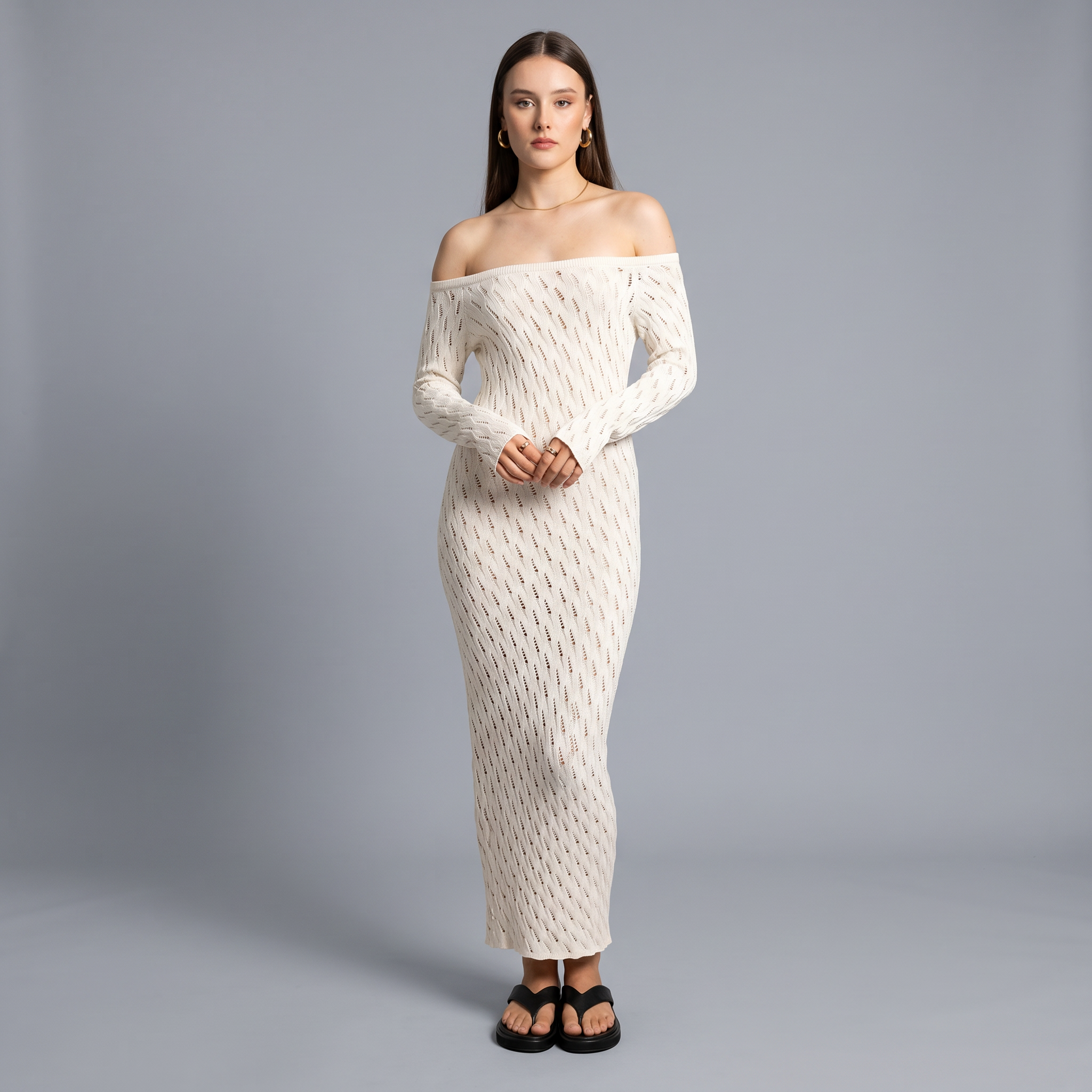 Solid Off-Shoulder A-Line Ankle-Length Dress