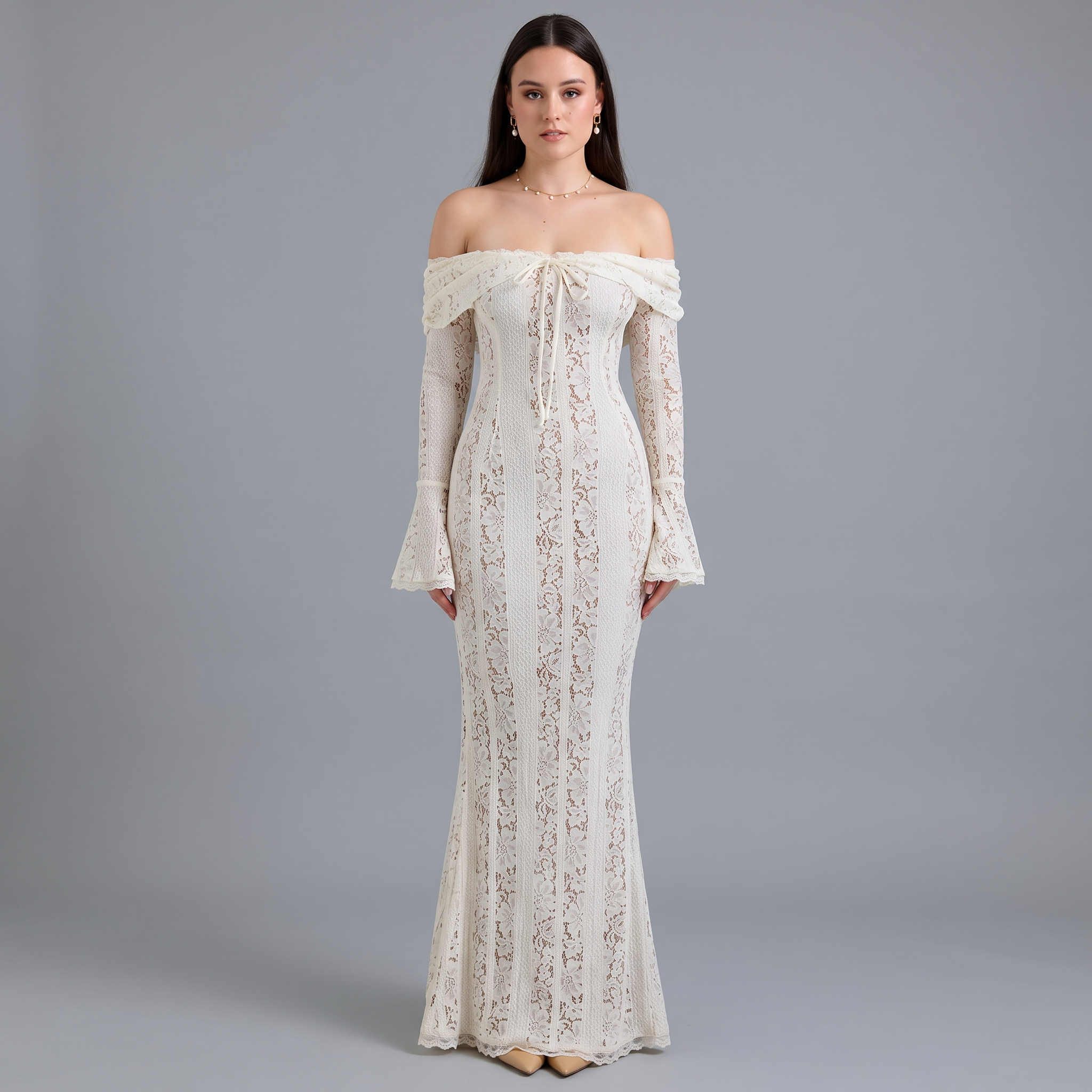 Lace Flare Sleeve Floor-Length Dress