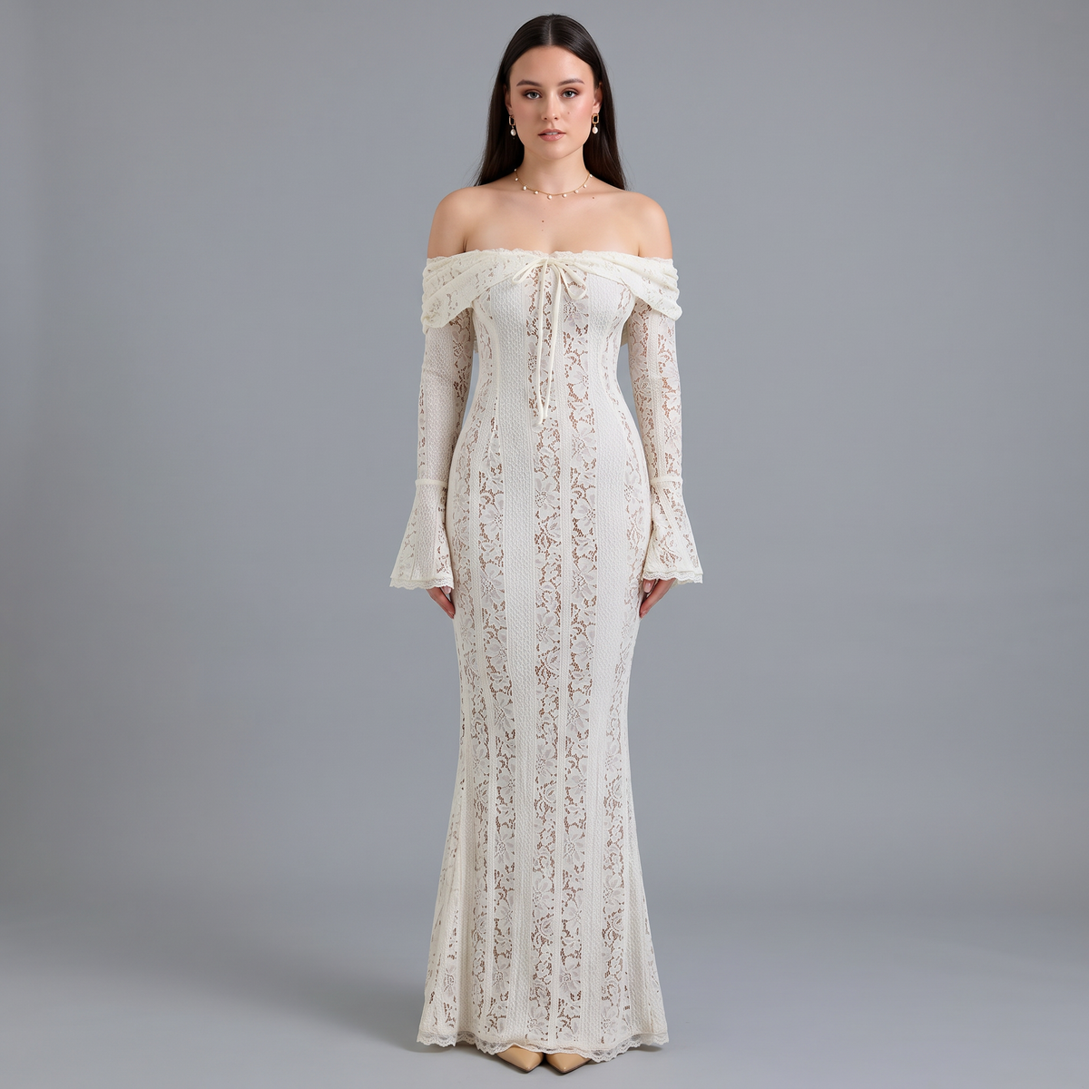 Lace Flare Sleeve Floor-Length Dress