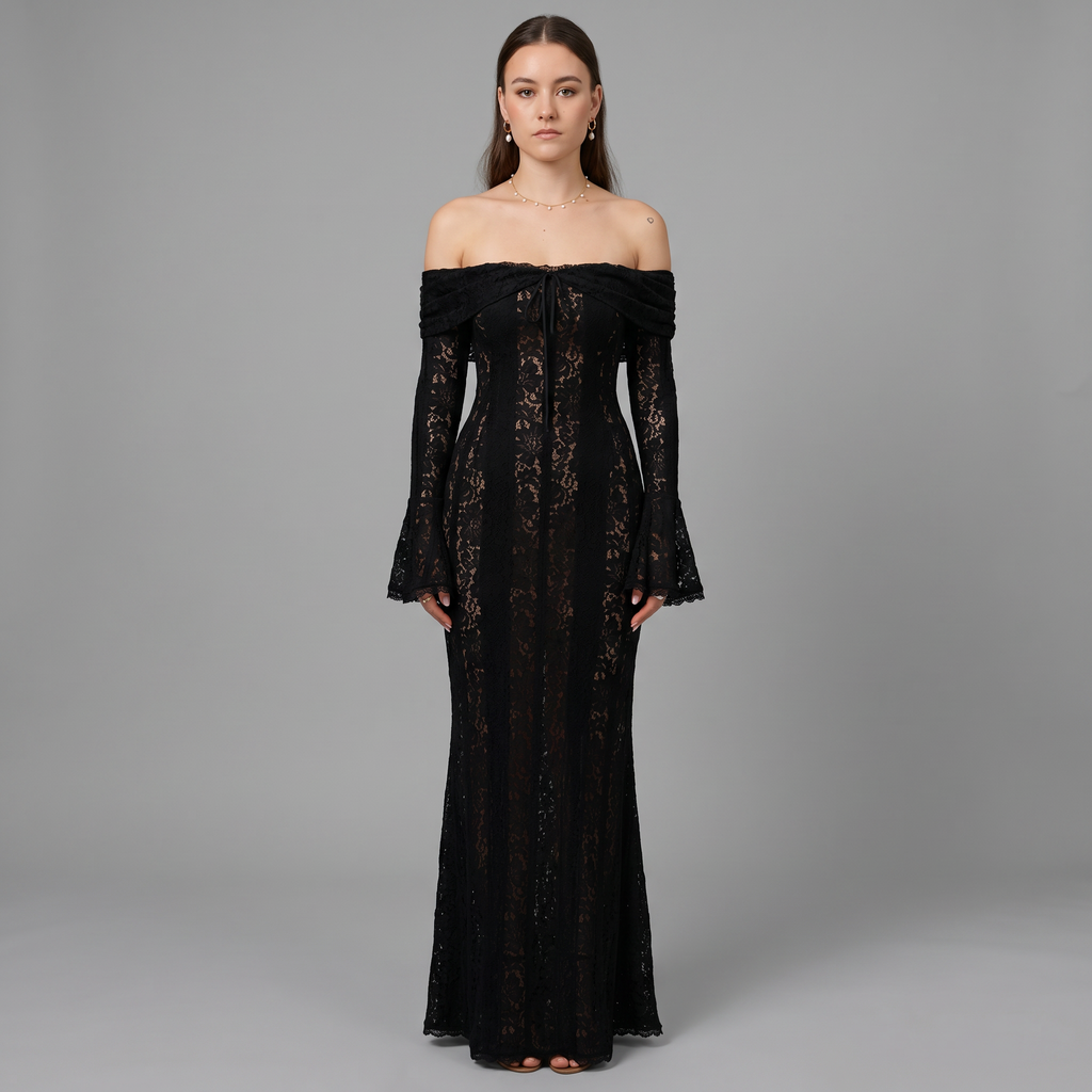 Lace Flare Sleeve Floor-Length Dress