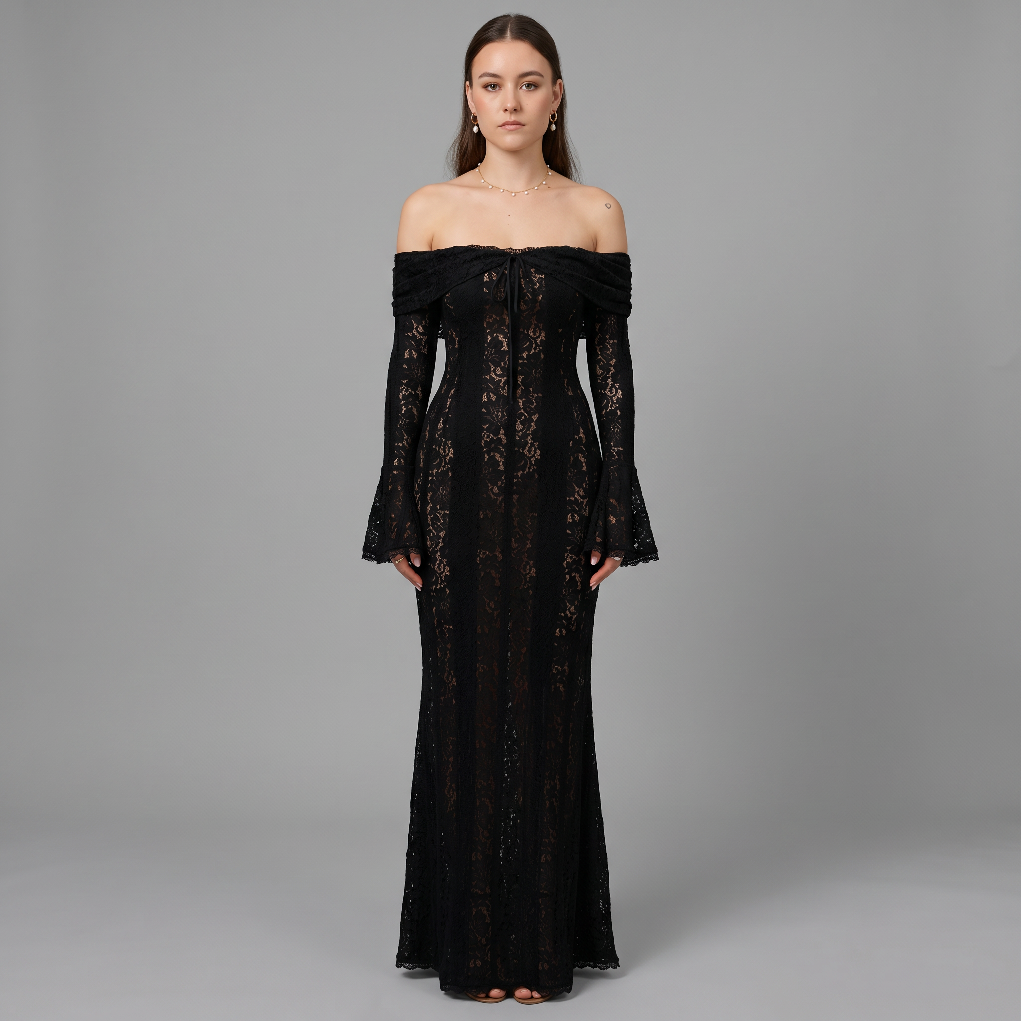 Lace Flare Sleeve Floor-Length Dress