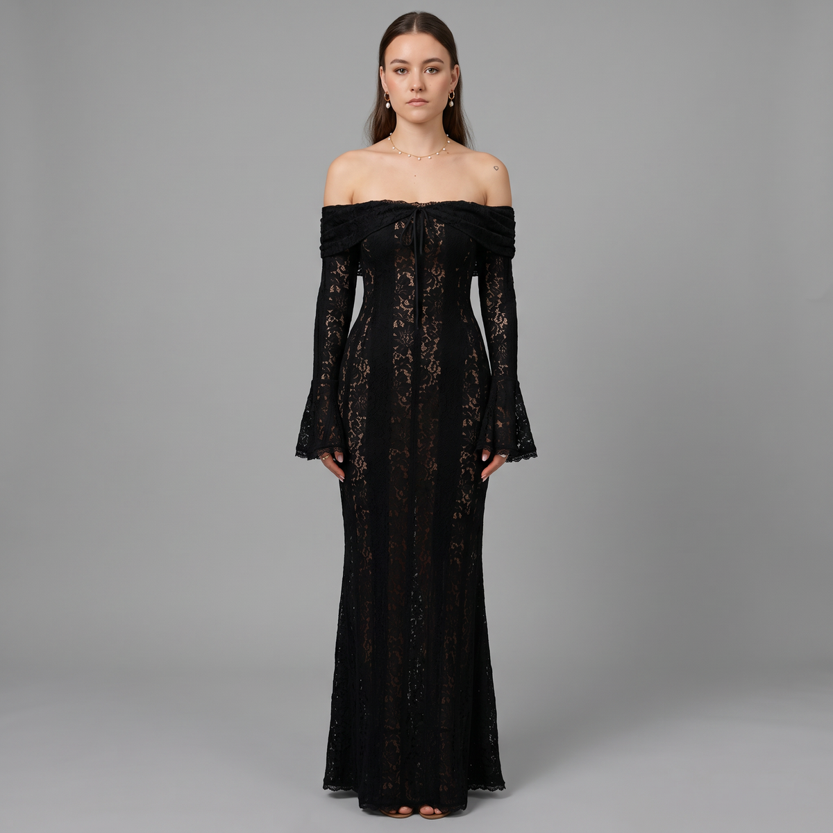 Lace Flare Sleeve Floor-Length Dress