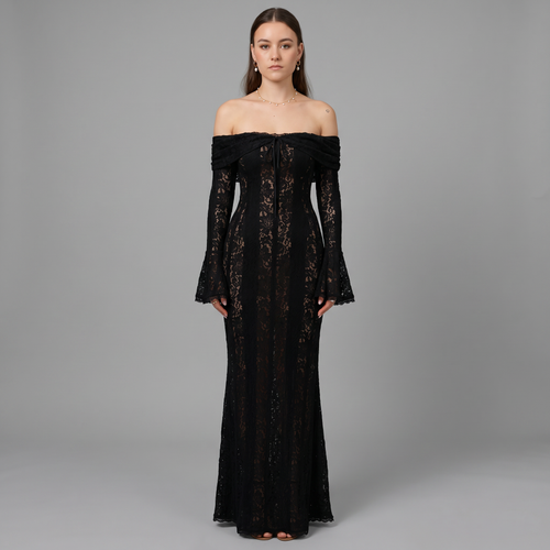 Lace Flare Sleeve Floor-Length Dress